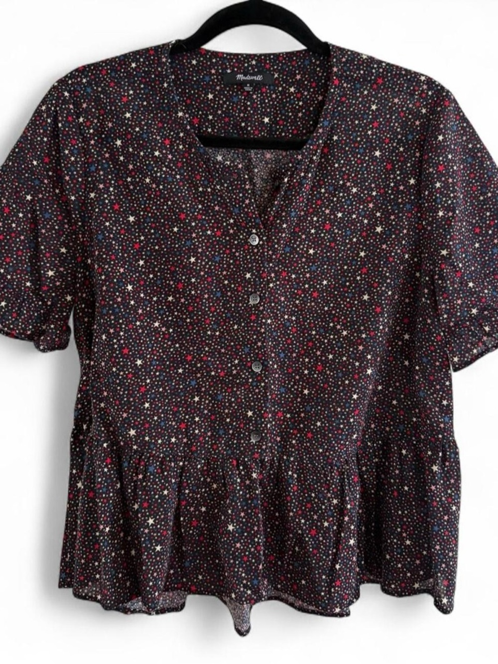 Madewell Black Star-Print Peplum Button-Up Blouse with Red, Cream & Blue Stars